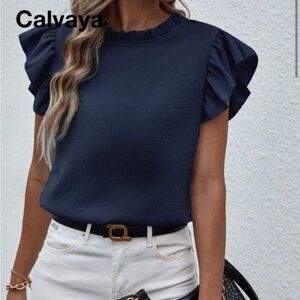 Elegant Navy Ruffle Sleeve Blouse
